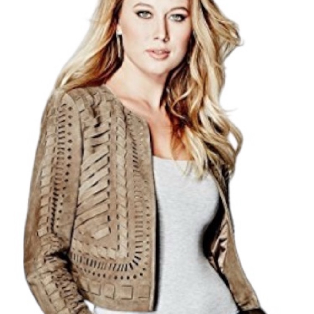 NWT Marciano Genuine Suede Laser Cut Brown Jacket Women’s M Open Front Boho